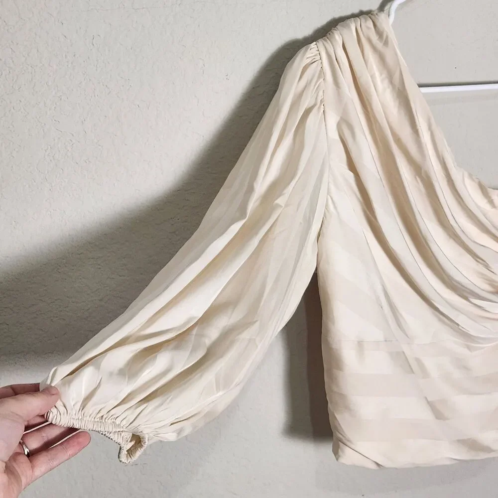 DO+BE One Shoulder Satin Blouse Women's M Ivory Ruched Puff Sleeve Party Top